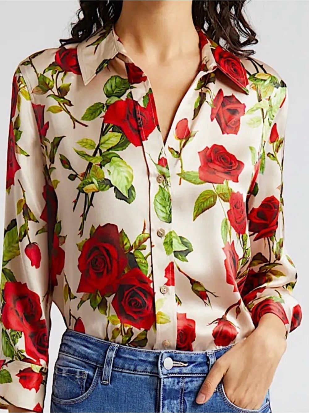 L'AGENCE Cream Blouse with Red Rose Print